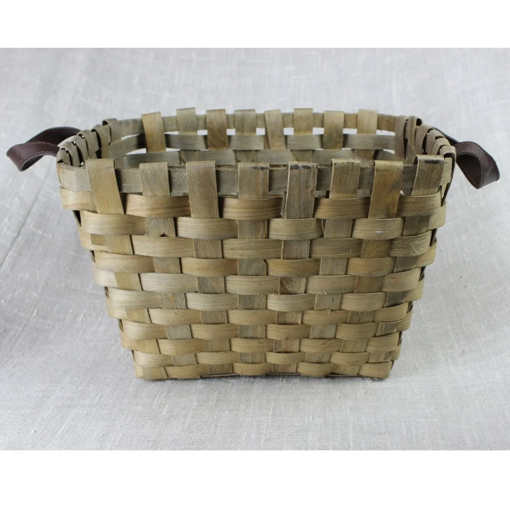 Rustic Woven Wood Splint Basket with Leather Handles Farmhouse Decor